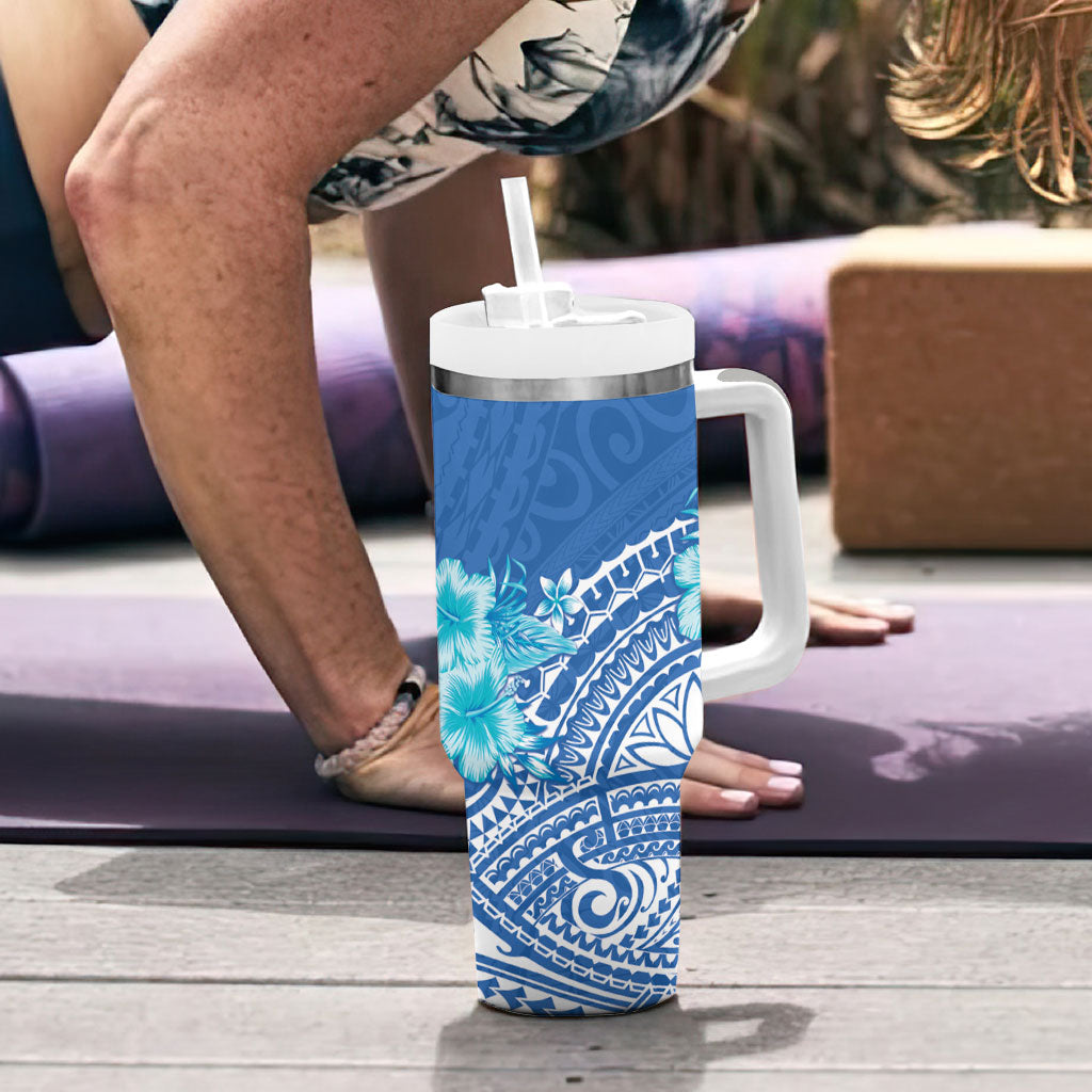 Hawaii Discoverers Day Tumbler With Handle Polynesian Fish Hook With Hibiscus Blue
