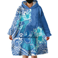 Hawaii Discoverers Day Wearable Blanket Hoodie Polynesian Fish Hook With Hibiscus Blue