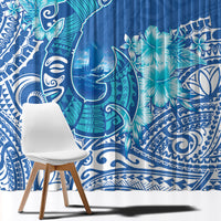Hawaii Discoverers Day Window Curtain Polynesian Fish Hook With Hibiscus Blue