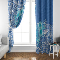 Hawaii Discoverers Day Window Curtain Polynesian Fish Hook With Hibiscus Blue