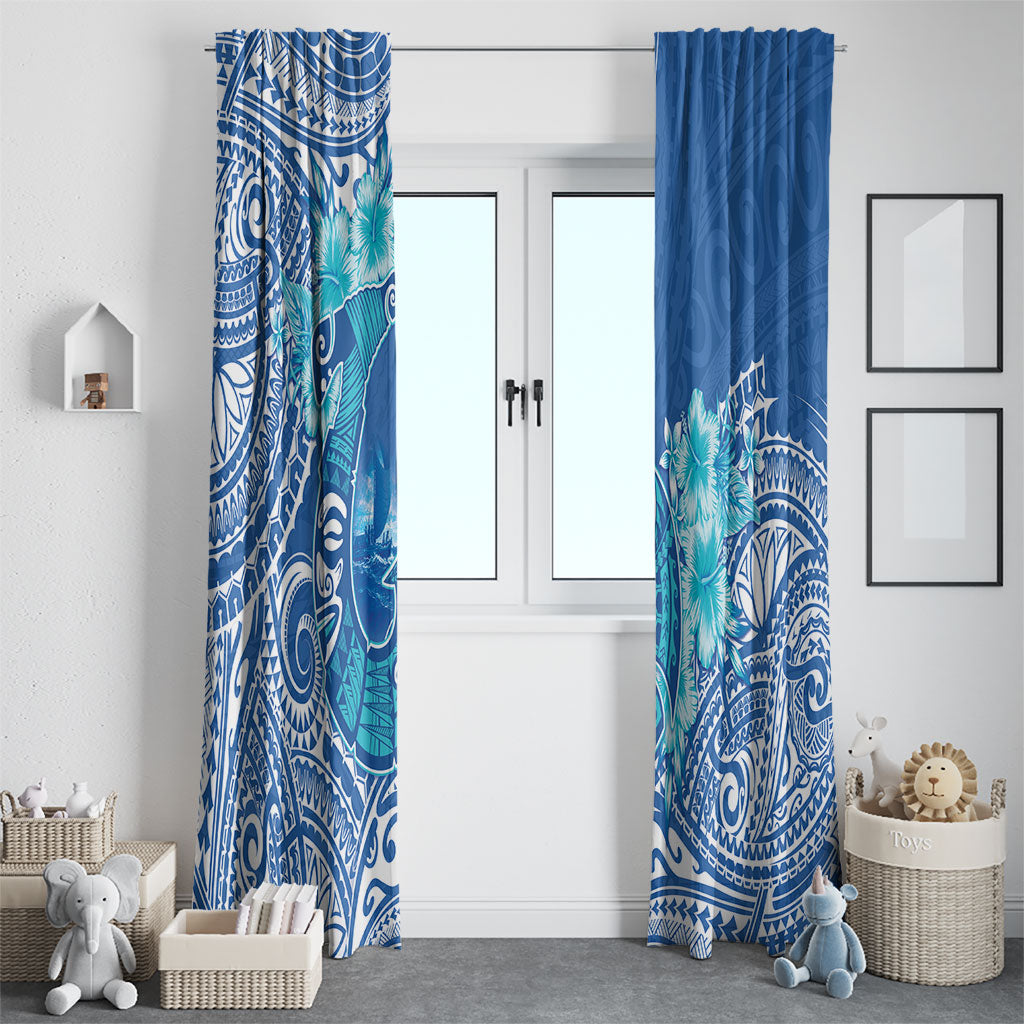 Hawaii Discoverers Day Window Curtain Polynesian Fish Hook With Hibiscus Blue