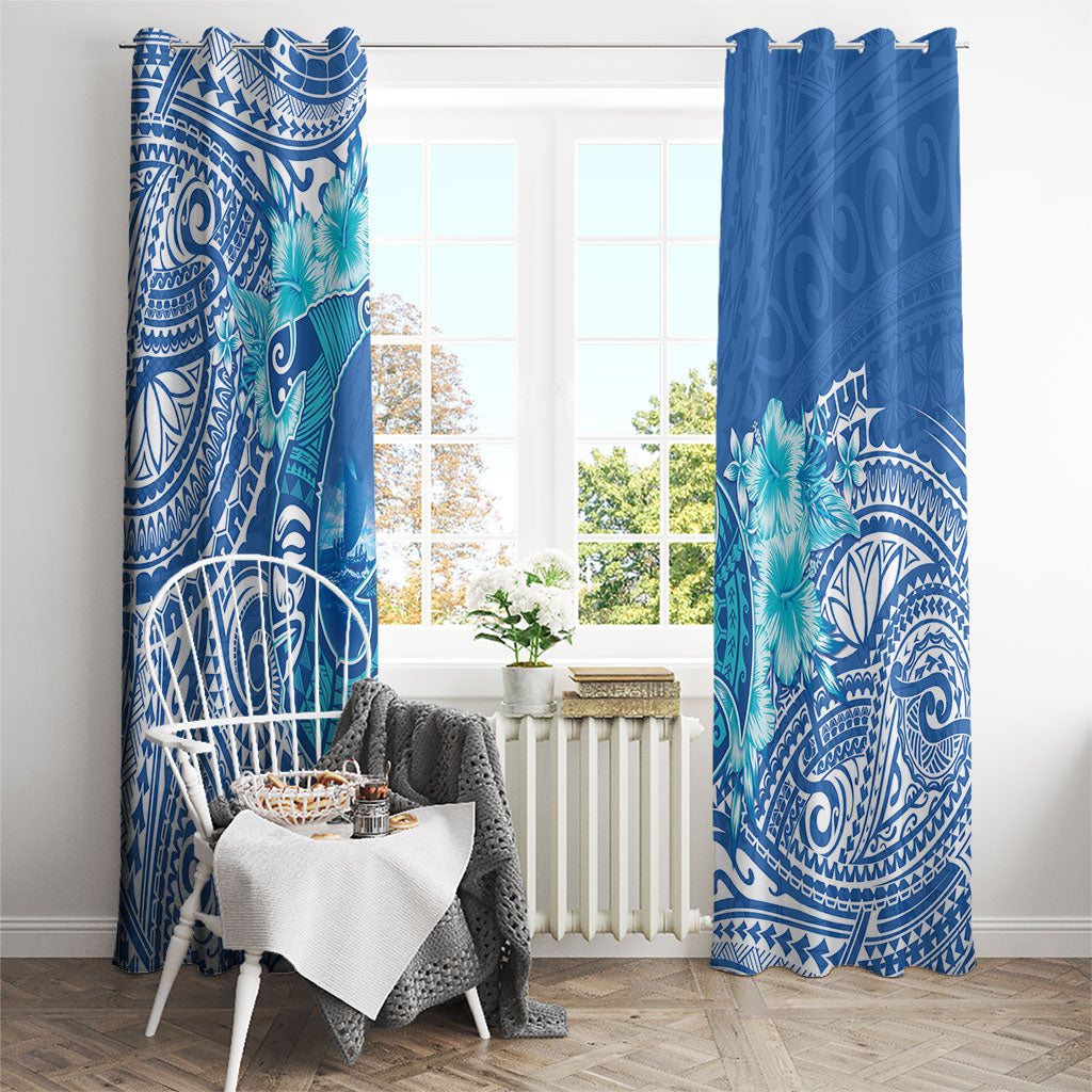 Hawaii Discoverers Day Window Curtain Polynesian Fish Hook With Hibiscus Blue