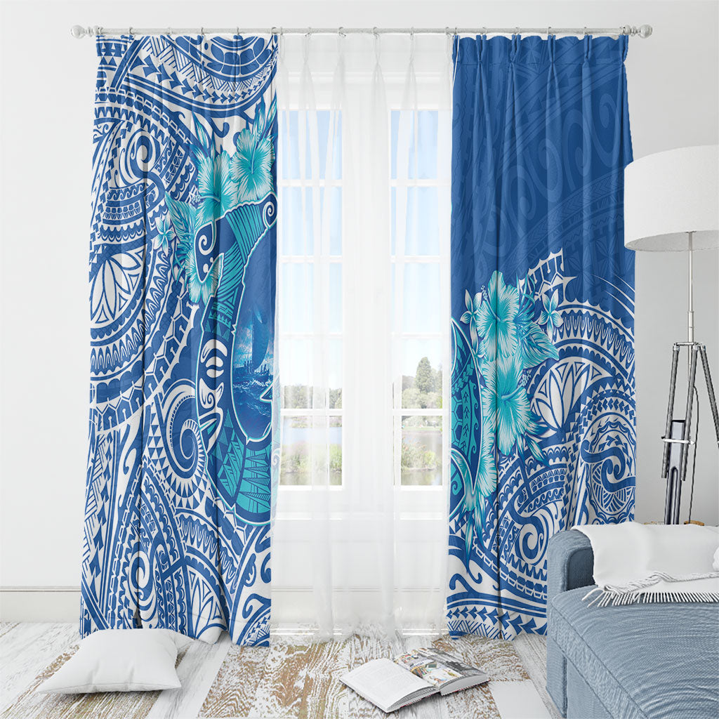Hawaii Discoverers Day Window Curtain Polynesian Fish Hook With Hibiscus Blue