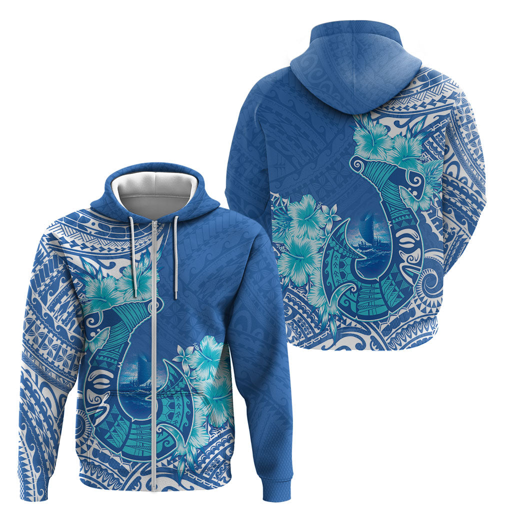 Hawaii Discoverers Day Zip Hoodie Polynesian Fish Hook With Hibiscus Blue