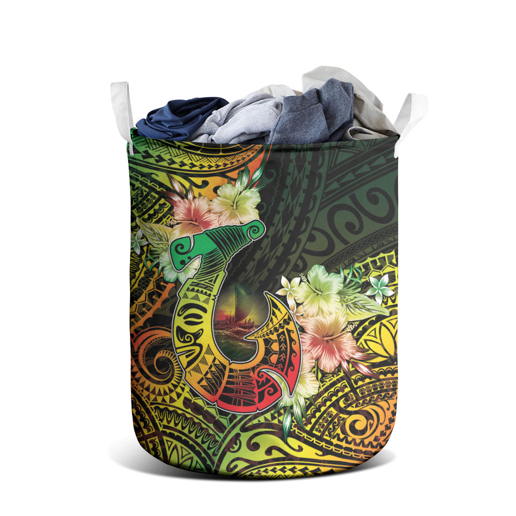 Hawaii Discoverers Day Laundry Basket Polynesian Fish Hook With Hibiscus Reggae