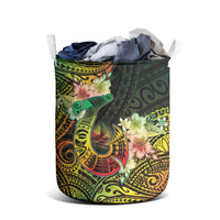 Hawaii Discoverers Day Laundry Basket Polynesian Fish Hook With Hibiscus Reggae