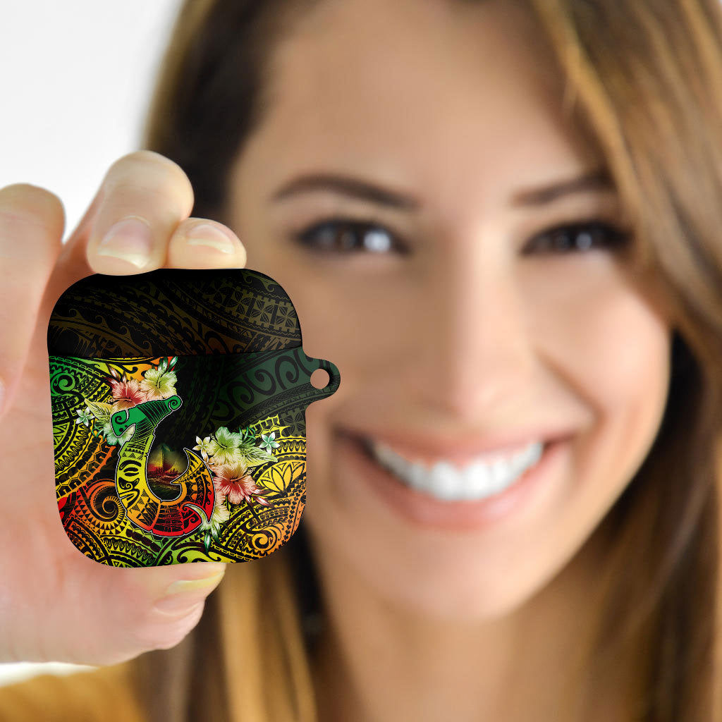 Hawaii Discoverers Day AirPods Case Polynesian Fish Hook With Hibiscus Reggae