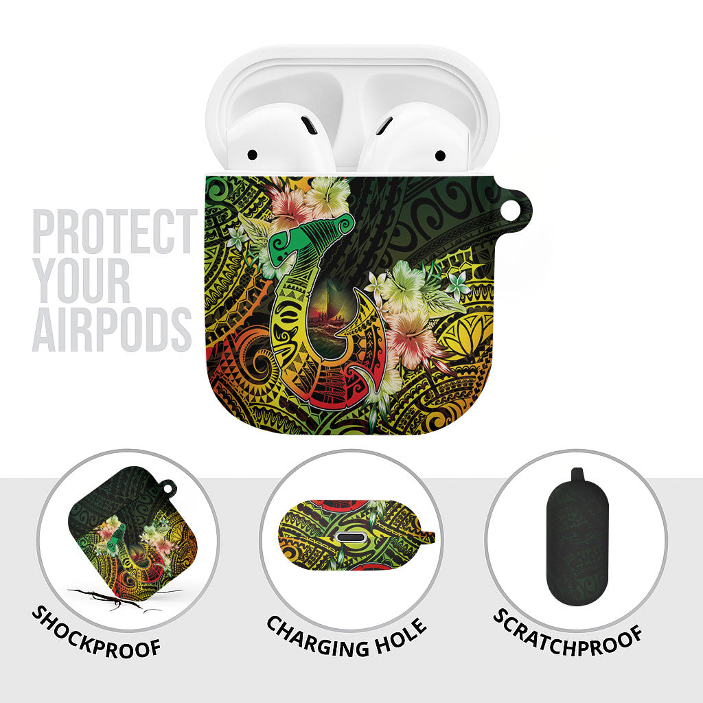 Hawaii Discoverers Day AirPods Case Polynesian Fish Hook With Hibiscus Reggae