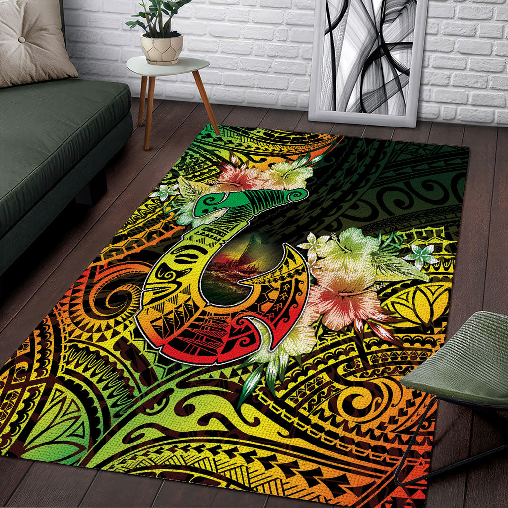 Hawaii Discoverers Day Area Rug Polynesian Fish Hook With Hibiscus Reggae