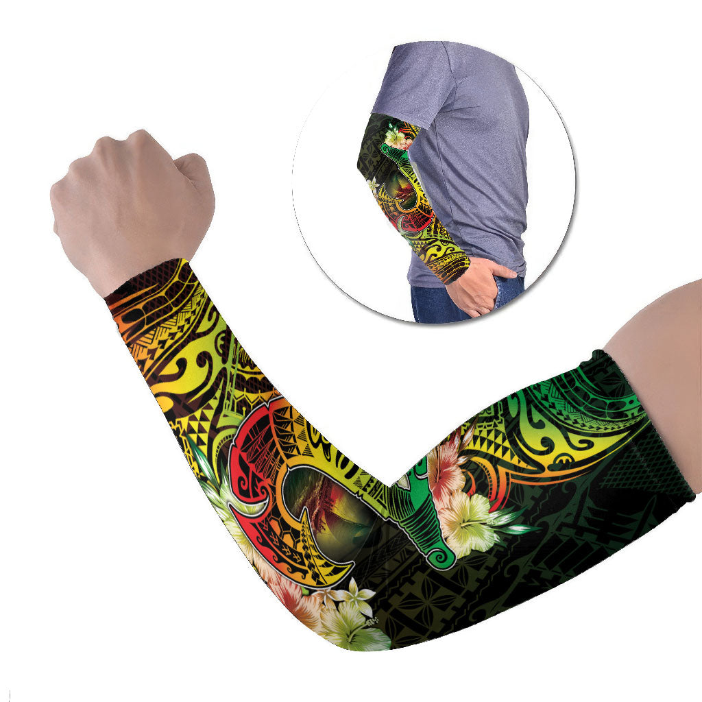 Hawaii Discoverers Day Arm Sleeves Polynesian Fish Hook With Hibiscus Reggae