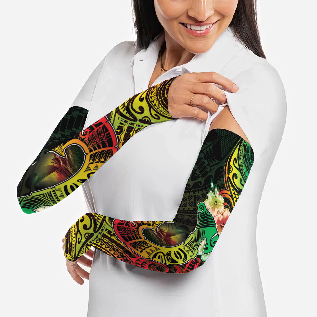 Hawaii Discoverers Day Arm Sleeves Polynesian Fish Hook With Hibiscus Reggae