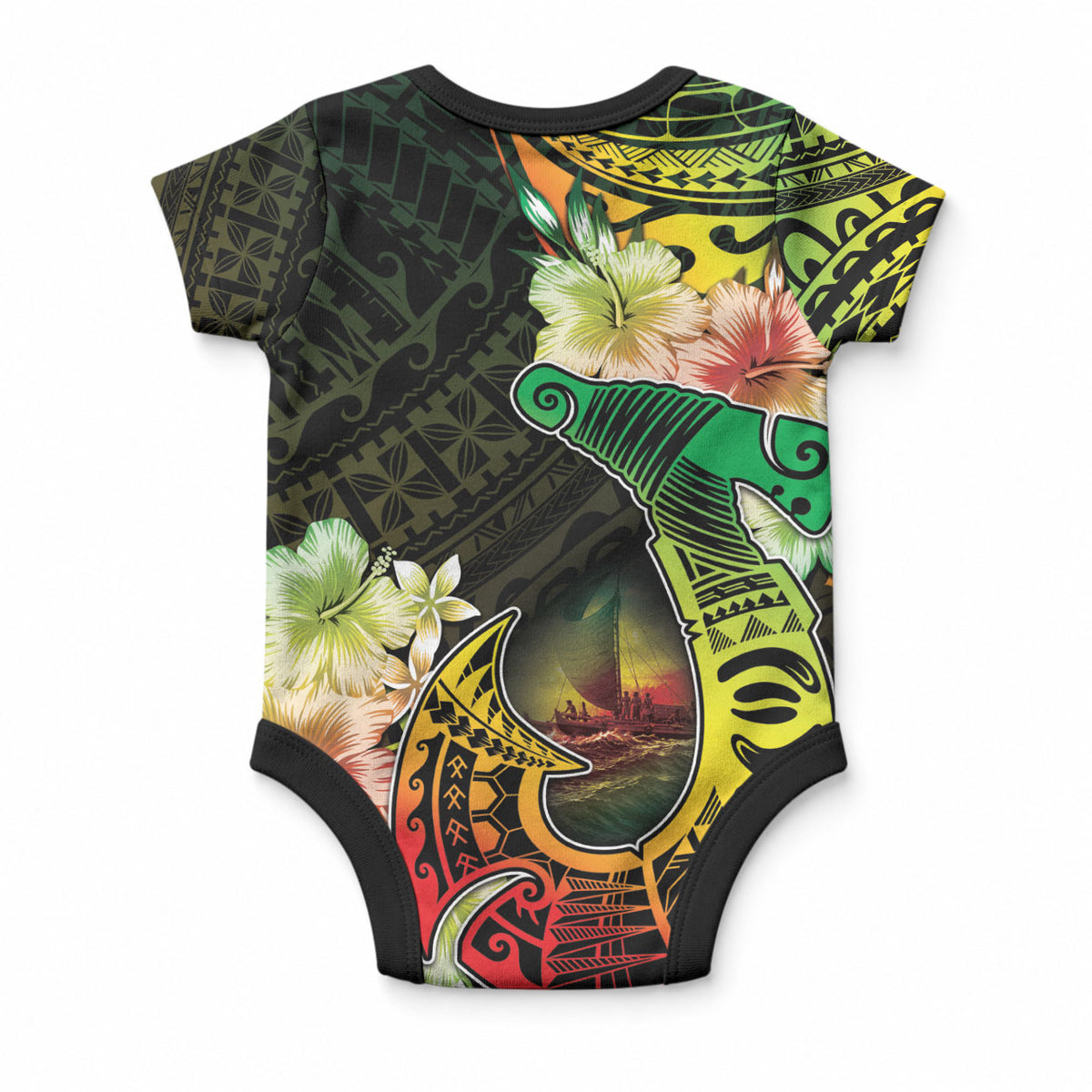 Hawaii Discoverers Day Baby Onesie Polynesian Fish Hook With Hibiscus Reggae