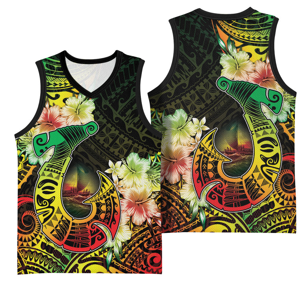 Hawaii Discoverers Day Basketball Jersey Polynesian Fish Hook With Hibiscus Reggae