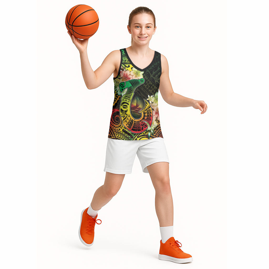 Hawaii Discoverers Day Basketball Jersey Polynesian Fish Hook With Hibiscus Reggae