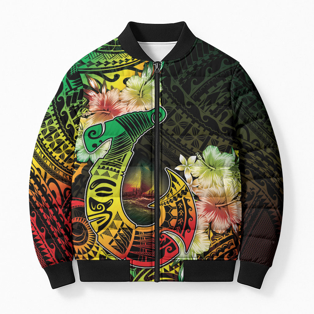 Hawaii Discoverers Day Bomber Puffer Jacket Polynesian Fish Hook With Hibiscus Reggae
