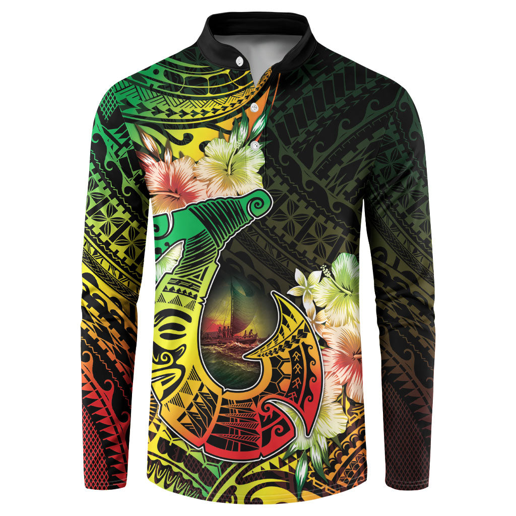 Hawaii Discoverers Day Button Sweatshirt Polynesian Fish Hook With Hibiscus Reggae LT05 Reggae - Polynesian Pride
