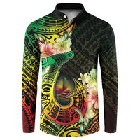 Hawaii Discoverers Day Button Sweatshirt Polynesian Fish Hook With Hibiscus Reggae