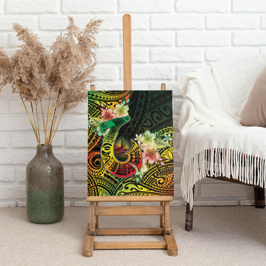 Hawaii Discoverers Day Canvas Wall Art Polynesian Fish Hook With Hibiscus Reggae