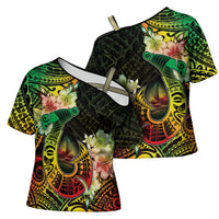Hawaii Discoverers Day Cross Shoulder Shirt Polynesian Fish Hook With Hibiscus Reggae
