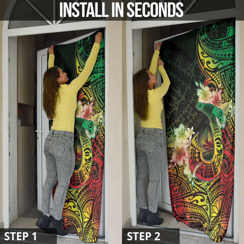 Hawaii Discoverers Day Door Cover Polynesian Fish Hook With Hibiscus Reggae