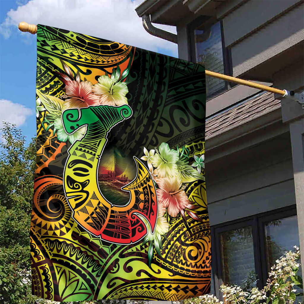 Hawaii Discoverers Day Garden Flag Polynesian Fish Hook With Hibiscus Reggae