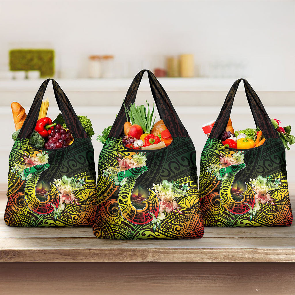 Hawaii Discoverers Day Grocery Bag Polynesian Fish Hook With Hibiscus Reggae