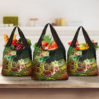Hawaii Discoverers Day Grocery Bag Polynesian Fish Hook With Hibiscus Reggae
