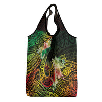 Hawaii Discoverers Day Grocery Bag Polynesian Fish Hook With Hibiscus Reggae
