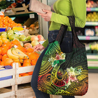 Hawaii Discoverers Day Grocery Bag Polynesian Fish Hook With Hibiscus Reggae