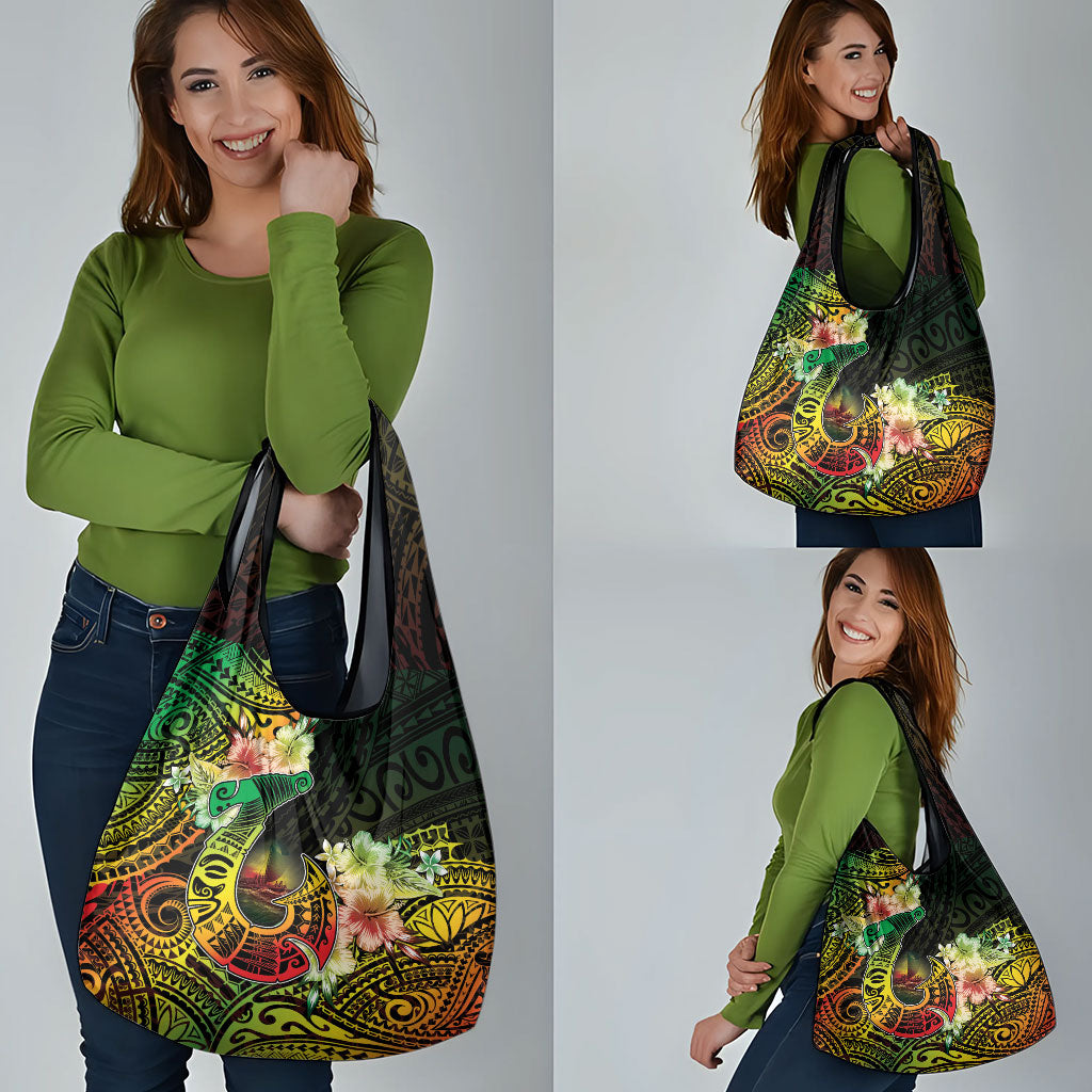 Hawaii Discoverers Day Grocery Bag Polynesian Fish Hook With Hibiscus Reggae