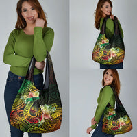 Hawaii Discoverers Day Grocery Bag Polynesian Fish Hook With Hibiscus Reggae