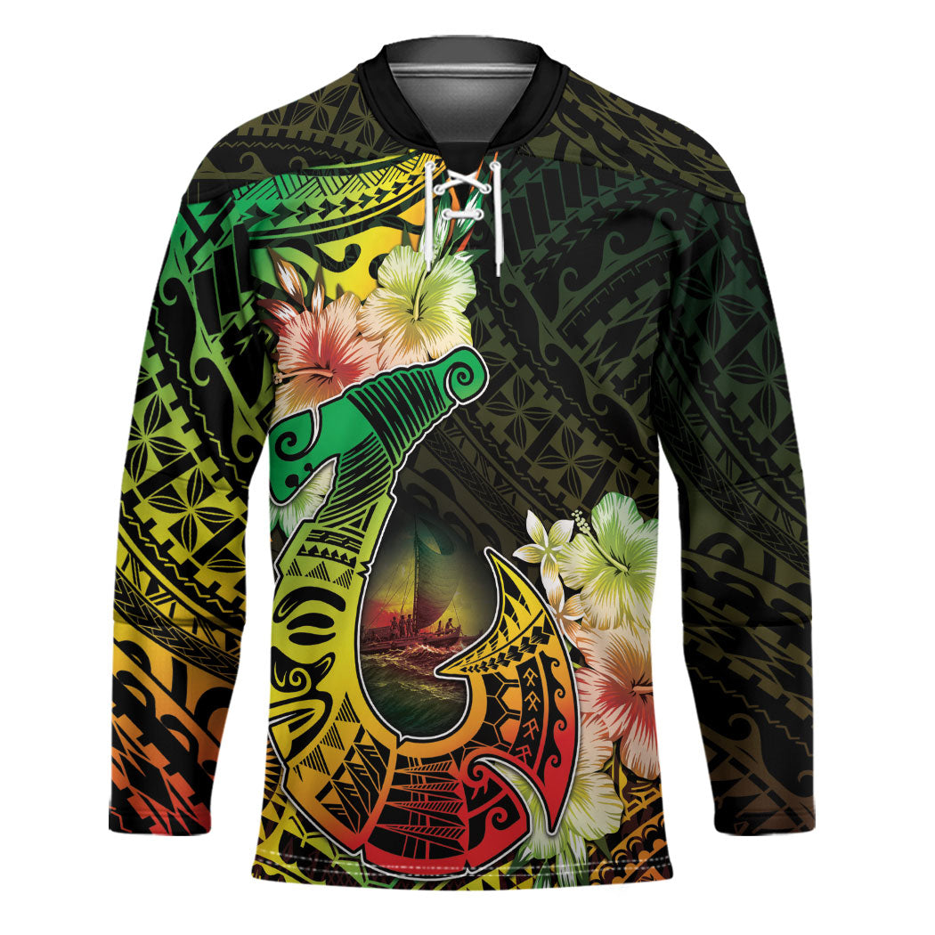 Hawaii Discoverers Day Hockey Jersey Polynesian Fish Hook With Hibiscus Reggae