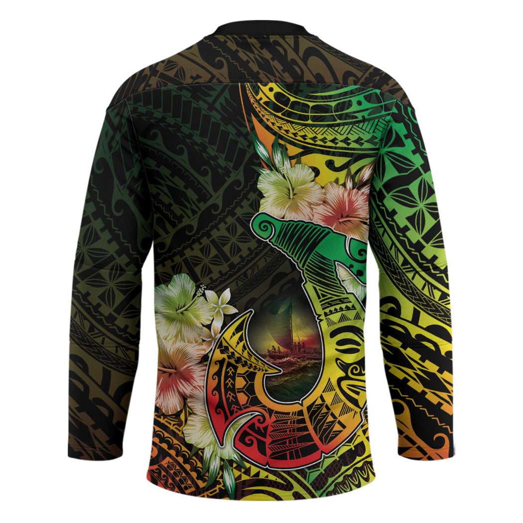Hawaii Discoverers Day Hockey Jersey Polynesian Fish Hook With Hibiscus Reggae