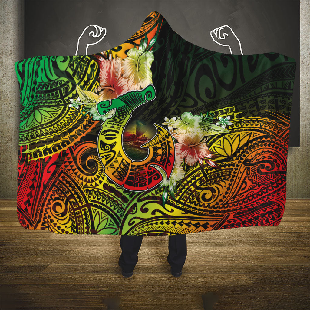 Hawaii Discoverers Day Hooded Blanket Polynesian Fish Hook With Hibiscus Reggae