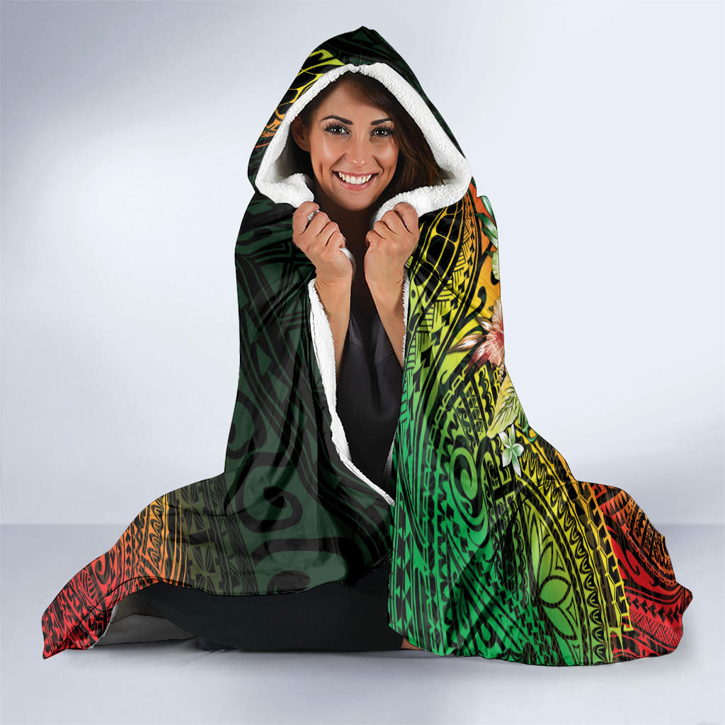 Hawaii Discoverers Day Hooded Blanket Polynesian Fish Hook With Hibiscus Reggae