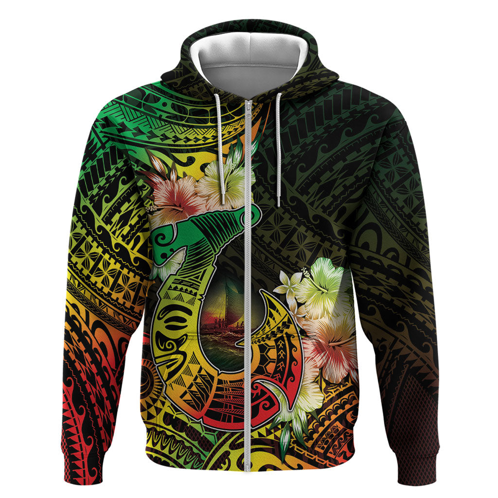 Hawaii Discoverers Day Hoodie Polynesian Fish Hook With Hibiscus Reggae