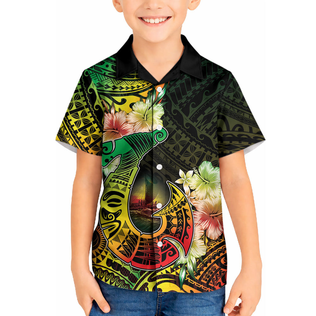 Hawaii Discoverers Day Kid Hawaiian Shirt Polynesian Fish Hook With Hibiscus Reggae