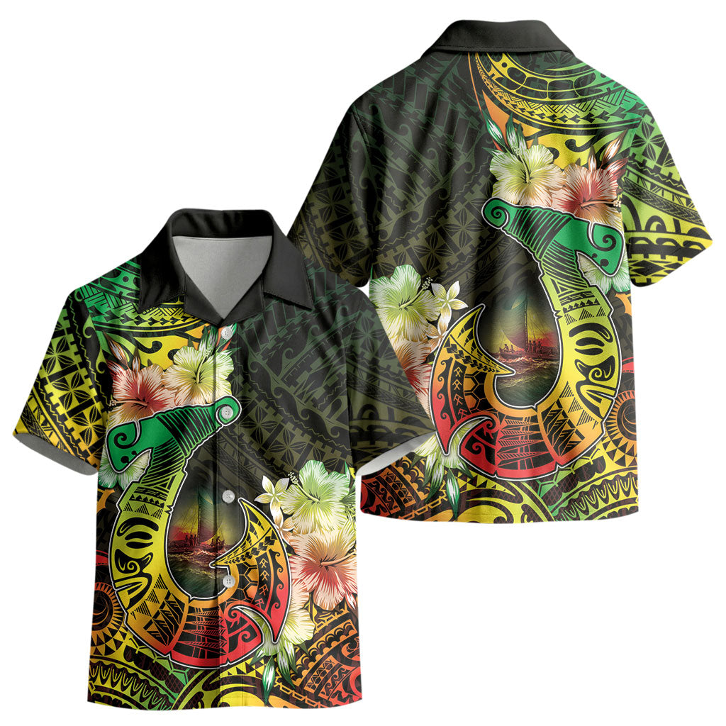 Hawaii Discoverers Day Kid Hawaiian Shirt Polynesian Fish Hook With Hibiscus Reggae