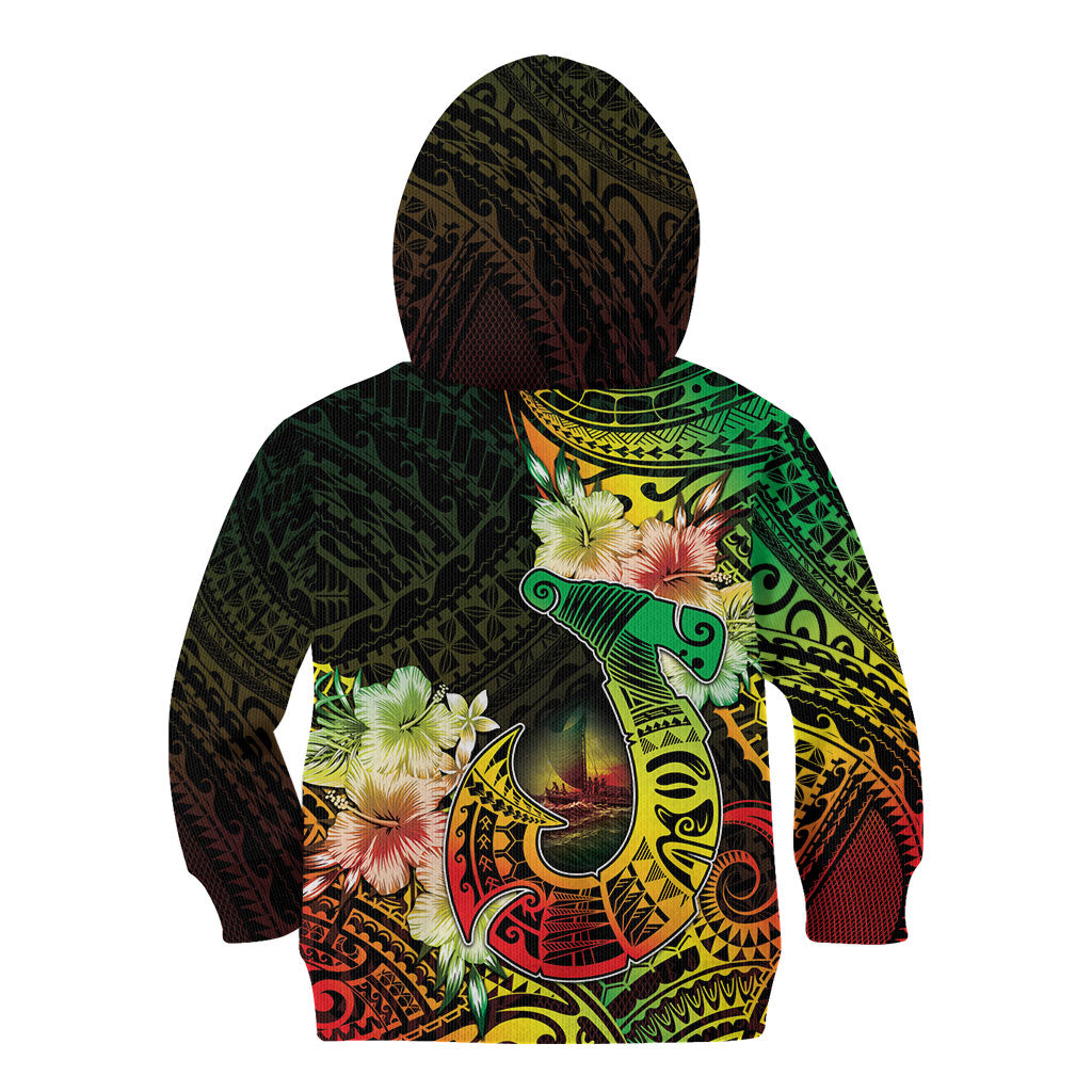 Hawaii Discoverers Day Kid Hoodie Polynesian Fish Hook With Hibiscus Reggae