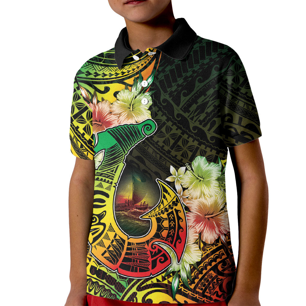 Hawaii Discoverers Day Kid Polo Shirt Polynesian Fish Hook With Hibiscus Reggae