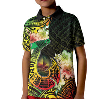 Hawaii Discoverers Day Kid Polo Shirt Polynesian Fish Hook With Hibiscus Reggae