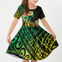 Hawaii Discoverers Day Kid Short Sleeve Dress Polynesian Fish Hook With Hibiscus Reggae