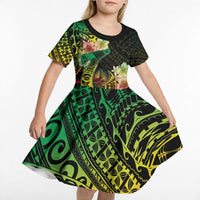 Hawaii Discoverers Day Kid Short Sleeve Dress Polynesian Fish Hook With Hibiscus Reggae