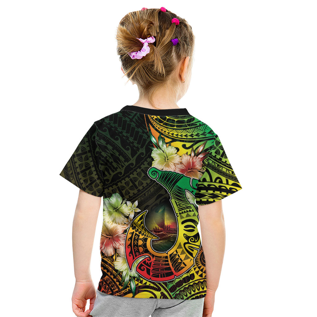 Hawaii Discoverers Day Kid T Shirt Polynesian Fish Hook With Hibiscus Reggae