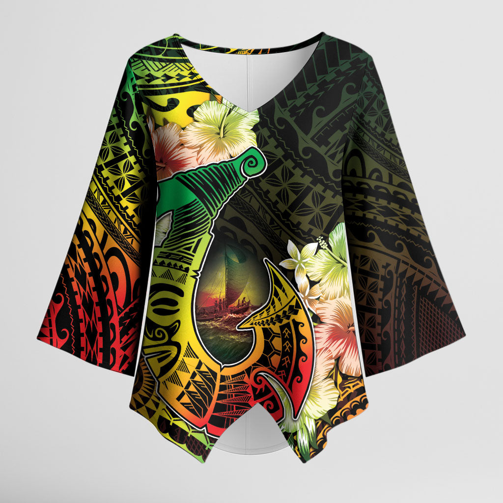 Hawaii Discoverers Day Kimono Sleeve Blouse Polynesian Fish Hook With Hibiscus Reggae