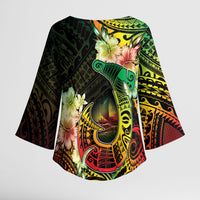 Hawaii Discoverers Day Kimono Sleeve Blouse Polynesian Fish Hook With Hibiscus Reggae