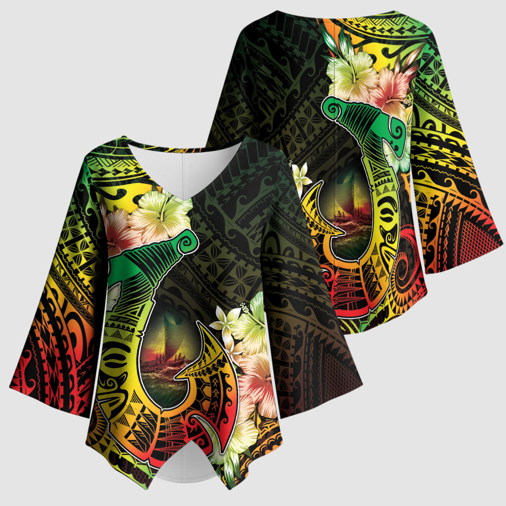 Hawaii Discoverers Day Kimono Sleeve Blouse Polynesian Fish Hook With Hibiscus Reggae