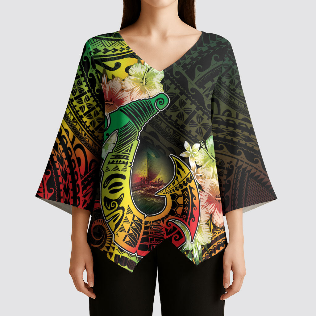 Hawaii Discoverers Day Kimono Sleeve Blouse Polynesian Fish Hook With Hibiscus Reggae