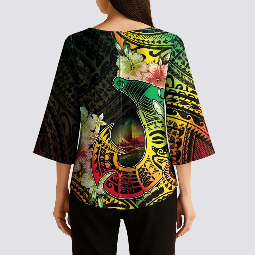 Hawaii Discoverers Day Kimono Sleeve Blouse Polynesian Fish Hook With Hibiscus Reggae