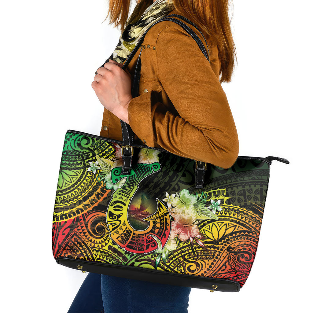 Hawaii Discoverers Day Leather Tote Bag Polynesian Fish Hook With Hibiscus Reggae